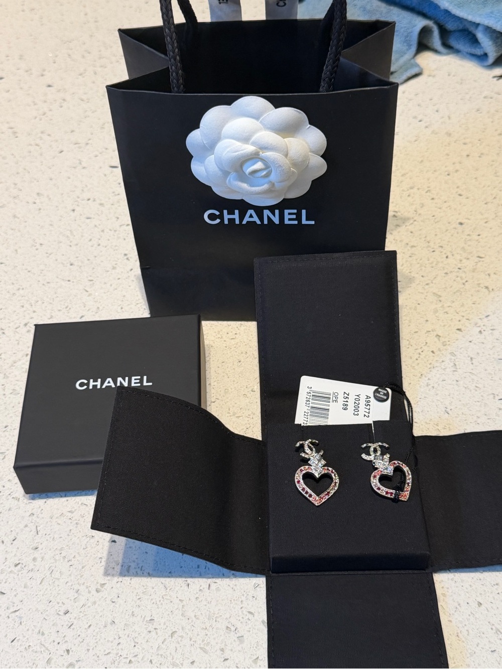 CHANEL Silver-Tone Crystal CC & Red Heart Drop Earrings
